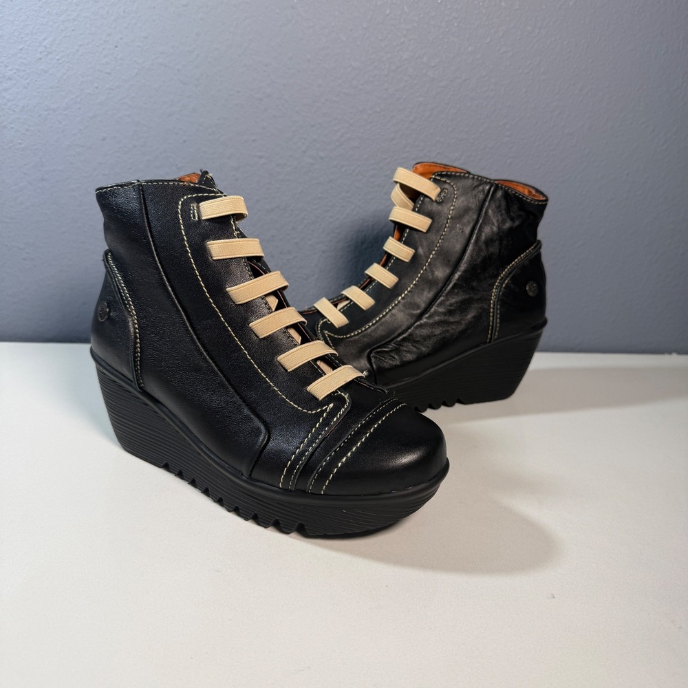 Bernie Mev Wedge Boots Women 38 Black Leather Elastic Strap Booties